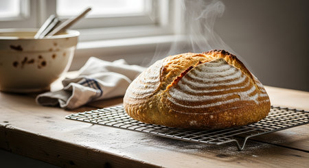 A round loaf of freshly baked artisan sourdough bread is steaming on a wire cooling rack. The bread has a golden, crusty exterior with flour dusting, sitting on a rustic wooden table with a mixing bowl in the background.の素材