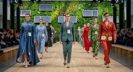 Models walk down a wooden runway wearing eco-friendly fashion designs, including denim and apple-leather outfits. The backdrop features a living green wall and solar panels, emphasizing the theme of sustainability in fashion.の素材