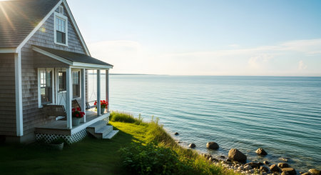 A charming shingle-style cottage sits on a grassy cliff edge overlooking a calm blue ocean. The sun shines brightly on the porch swing and flower pots, evoking a peaceful and idyllic summer coastal vacation.の素材