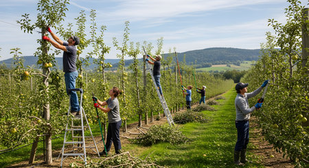 A team of farm workers harvests ripe green apples in a sunlit orchard, using ladders to reach the high branches. The scene depicts the active labor of fruit farming against a backdrop of rolling hills and blue sky.の素材