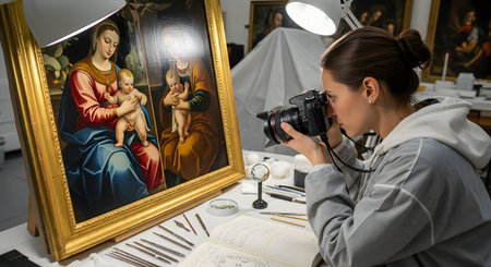 A female art restorer or conservator is in a studio, carefully photographing a classic religious painting of the Madonna and Child. She is using a DSLR camera, and her desk is covered with restoration tools, brushes, and a notebook, indicating a process of documentation or analysis.の素材