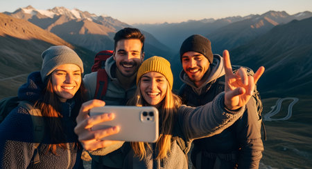 A group of four cheerful friends takes a selfie on a mountain peak during a sunset hike. Dressed in warm outdoor gear and backpacks, they smile at the smartphone camera with majestic mountain ranges in the background.の素材