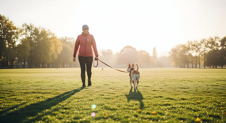A smiling woman walks her dog on a leash across a grassy park during a sunny autumn morning. The scene captures a healthy, active lifestyle with warm backlighting and golden fall foliage.の素材