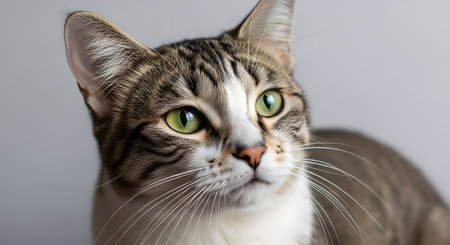 A detailed close-up portrait of a tabby cat with striking green eyes looking to the side. The soft lighting emphasizes the texture of the fur and whiskers, capturing the animal's beauty and curiosity.の素材