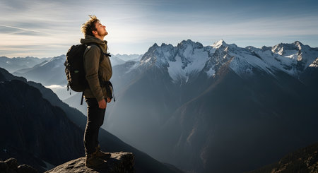 A male hiker with a backpack stands on a rocky mountain peak, facing the sun with his eyes closed and breathing in the fresh air. The majestic mountain range stretches out behind him, symbolizing freedom, adventure, and a deep connection with nature.の素材
