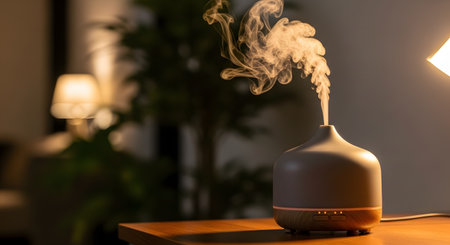 An essential oil diffuser sits on a wooden table in a dimly lit, cozy room, releasing a plume of aromatic steam. The device, used for aromatherapy and humidifying, creates a relaxing and tranquil atmosphere for wellness and self-care at home.の素材