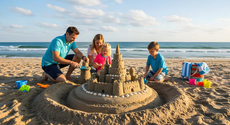 A happy family of four builds an elaborate sandcastle together on a sunny beach. With the ocean in the background, the scene captures the joy of summer vacations and family bonding time.の素材