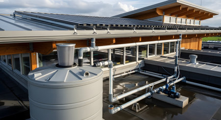 A modern rainwater harvesting system installed on a building roof, featuring a large grey tank, filtration pipes, and pumps. The eco-friendly infrastructure promotes water conservation and sustainability.の素材