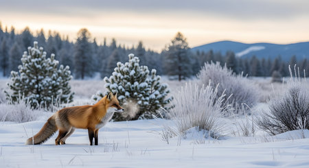 A beautiful red fox stands alert in a snowy winter landscape surrounded by frost-covered bushes and pine trees. The animal's breath is visible in the cold air, capturing the essence of wild nature.の素材