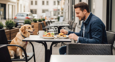 A smiling man enjoys lunch at an outdoor cafe table while his golden retriever dog sits patiently nearby looking at the food. The scene highlights the bond between pet and owner in an urban leisure setting.の素材