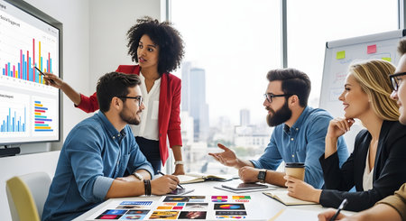 A diverse group of young professionals has a meeting in a modern office. A woman in a red blazer stands and presents data on a large screen, pointing to charts, while her colleagues listen and discuss.の素材