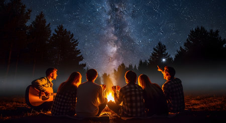 A group of friends sits together around a warm campfire at night, looking up and pointing at the breathtaking starry sky and Milky Way. One person plays a guitar, enhancing the magical atmosphere of an outdoor camping trip under the stars.の素材