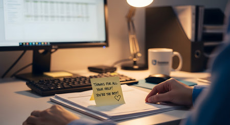 A close-up view of an office desk features a yellow sticky note attached to a document that reads 'Thanks for all your help! You're the best!' with a heart. A person's hand rests near the note, highlighting workplace appreciation and gratitude.の素材