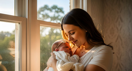 A loving mother gently holds her newborn baby near a window bathed in warm golden light. The intimate moment captures the deep bond, tenderness, and peacefulness of early motherhood.の素材