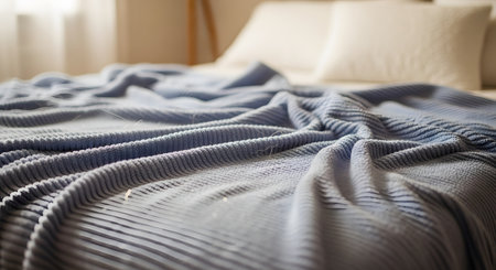 A close-up view focuses on the texture of a soft blue knitted blanket spread over a bed. White pillows are blurred in the background, creating a cozy, comfortable, and inviting bedroom atmosphere.の素材