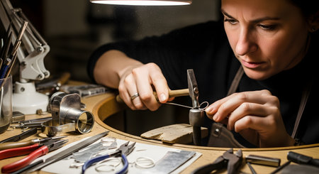 A focused female jeweler works at a workbench, using pliers to shape a silver wire into a ring. The close-up shot highlights the craftsmanship, precision, and tools involved in handmade jewelry creation.の素材