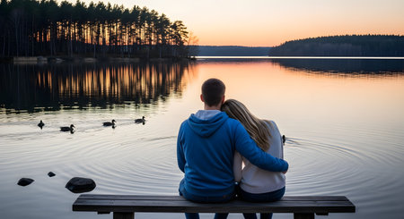 A romantic couple sits close together on a wooden bench overlooking a tranquil lake at sunset. They embrace while watching the colorful sky reflect on the water, enjoying a peaceful moment in nature.の素材