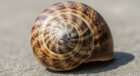A detailed close-up macro shot of a brown and tan spiral snail shell resting on a textured surface. The image highlights the intricate natural geometric patterns and curves of the shell structure.の素材