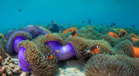 A vibrant underwater scene showing several clownfish swimming among colorful purple and orange sea anemones. The coral reef is teeming with life under clear, blue ocean water.の素材