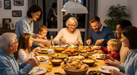 A large, happy multi-generational family sits around a wooden dining table, sharing a festive meal. They are passing food, talking, and smiling, with a roasted chicken or turkey in the center, creating a warm, celebratory atmosphere.の素材