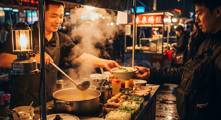 A smiling Asian street food vendor serves a hot bowl of noodle soup to a customer at a bustling night market. The stall is filled with steam, fresh ingredients, and lit by a warm lantern, creating an authentic and inviting atmosphere.の素材