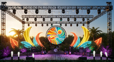 An empty outdoor music festival stage, elaborately decorated with colorful neon lights and an abstract circular screen. Musical instruments, including guitars and a drum set, are in place, ready for a performance against a backdrop of palm trees and a sunset sky.の素材