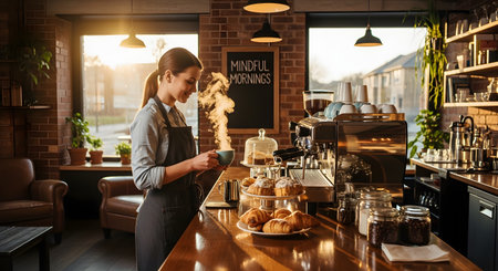 A smiling female barista holds a steaming cup of coffee in a warm, sunlit cafe with a 'Mindful Mornings' sign. The coffee shop counter is filled with pastries and brewing equipment, creating a welcoming morning vibe.の素材