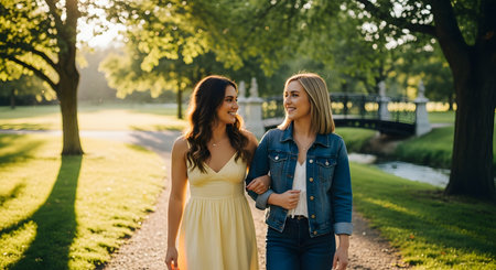 Two happy young women, likely friends or sisters, walk arm-in-arm through a beautiful, sunny park. They are smiling and looking at each other while talking, enjoying a walk on a path next to green grass and trees.の素材