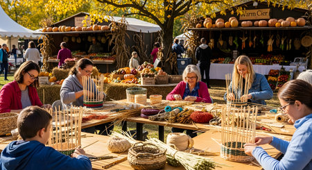 A group of people, including women and a young boy, participate in a basket weaving workshop outdoors. The scene is set at an autumn festival with pumpkin stalls and fall foliage in the background.の素材