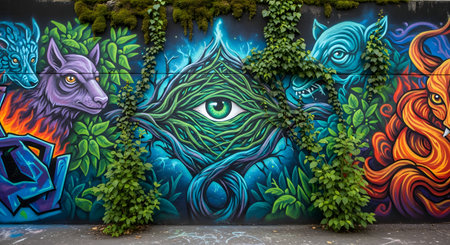 A colorful and detailed street art mural featuring a central green eye surrounded by intertwining vines and leaves. Flanking the eye are stylized animal figures like a wolf and a boar in blue and fiery orange tones, creating a surreal and artistic composition.の素材