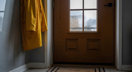 A bright yellow raincoat hangs by a wooden front door on a rainy day. Raindrops are visible on the frosted glass window of the door, and a doormat sits on the floor, creating a moody, domestic scene.の素材