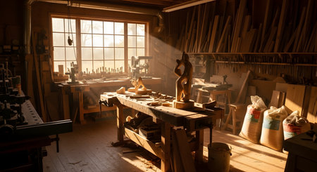 A rustic woodworking workshop is filled with tools, lumber, and a large workbench with a wooden sculpture in progress. A beautiful sunbeam streams through a large window, illuminating dust motes in the air, creating a warm and atmospheric scene.の素材