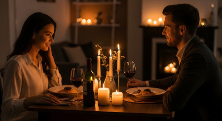 A happy couple enjoys a romantic, candlelit dinner at home, gazing at each other and smiling. They are sitting at a table with plates of pasta, glasses of red wine, and numerous candles creating a warm, intimate atmosphere.の素材