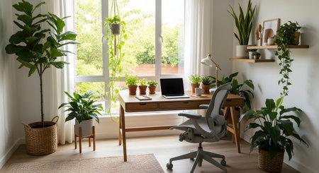 A serene home office workspace features a clean wooden desk with a laptop, surrounded by lush green indoor plants. Natural light streams through a large window, creating a calm and productive environment ideal for remote work and study.の素材