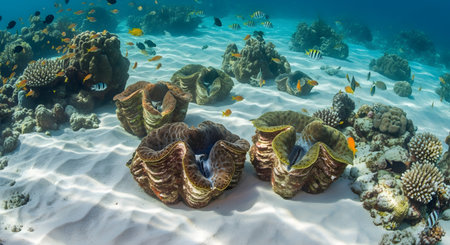 An underwater scene of a sandy ocean floor with several large, colorful giant clams (Tridacna) and coral. Small tropical fish swim around the clams in the clear blue, sunlit water.の素材