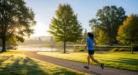 A woman in blue sportswear jogs along a gravel path in a beautiful park during a sunny morning. The sun is rising, casting a warm glow through the green trees next to a calm lake.の素材