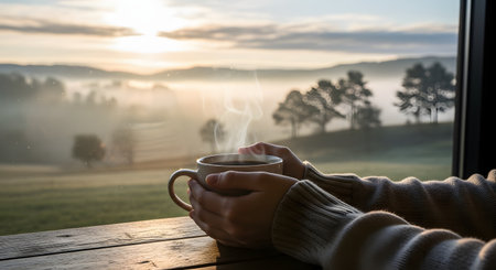 A close-up of a person's hands in a cozy sweater holding a steaming mug of coffee or tea. The person is sitting at a wooden table, looking out a window at a beautiful, misty rural landscape at sunrise.の素材