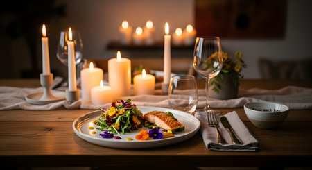 A romantic dinner setting features a plate of cooked salmon with salad, surrounded by glowing candles and wine glasses. The warm ambiance and elegant table setting create a perfect atmosphere for a date night or celebration.の素材
