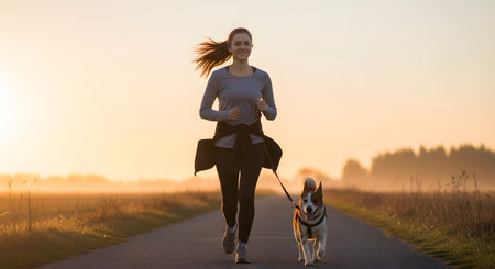 A smiling young woman jogs on a paved country road at sunrise, accompanied by her happy dog on a leash. The golden light of the early morning illuminates the foggy fields and trees in the background, creating a peaceful and active scene.の素材