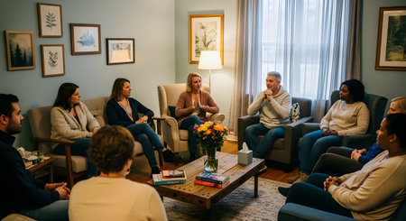 A diverse group of people sits in a circle in a comfortable room, engaged in a group therapy or support meeting. They are listening attentively to a man who is speaking, while a woman in the center facilitates the discussion. Flowers and books are on a coffee table in the middle.の素材