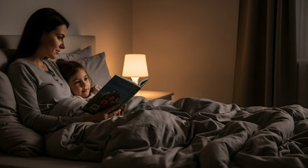A loving mother reads a bedtime story to her young daughter, who is snuggled up beside her in a cozy, dimly lit bed. A warm lamp on the nightstand illuminates the book as the child listens attentively, creating a peaceful family moment.の素材