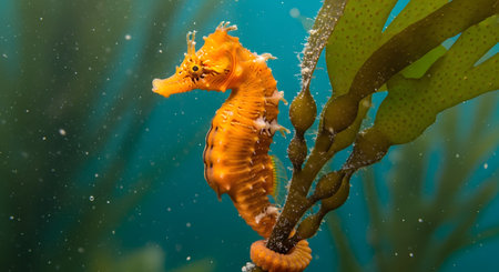 A vibrant orange seahorse clings to a stalk of kelp with its tail in clear blue water. This macro underwater shot captures the intricate details and texture of the small marine creature against the out-of-focus aquatic background.の素材