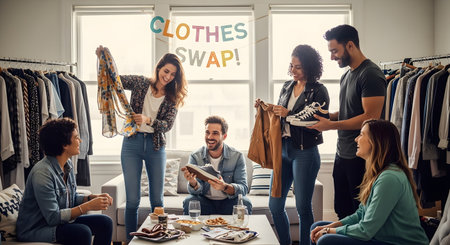 A group of happy friends participates in a clothes swap party in a living room. They are holding up various garments and exchanging items, promoting sustainable fashion and reuse.の素材