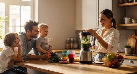 A happy family of four gathers around a kitchen island, watching as the mother blends a healthy green smoothie. The father holds a smiling toddler, and an older son looks on with interest, illustrating family bonding and a healthy lifestyle.の素材