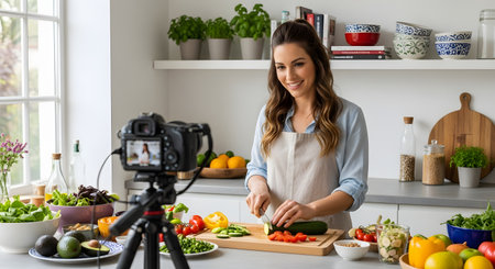 A smiling female influencer stands in a modern kitchen chopping vegetables while filming herself with a camera on a tripod. She is creating healthy cooking content for social media or a vlog.の素材