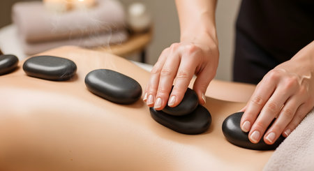 A close-up shot of a hot stone massage. A massage therapist's hands are placing smooth, black basalt stones on a person's bare back. The stones are arranged in a line down the spine, and steam rises from them.の素材