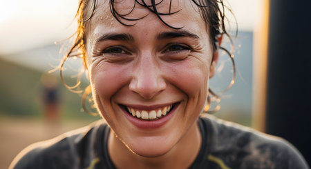 A close-up portrait captures a young woman's face covered in sweat, beaming with a happy smile after an intense workout. The golden hour lighting highlights her flushed skin and wet hair, conveying a sense of accomplishment and vitality.の素材