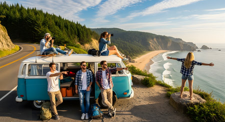 A group of happy friends enjoys a scenic stop on a coastal road trip with their vintage blue camper van. Overlooking the ocean, they relax and take photos, capturing the spirit of adventure and freedom.の素材