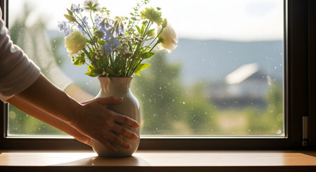 A person's hands place a ceramic vase filled with a bouquet of fresh white and blue flowers onto a wooden windowsill. Bright sunlight streams through the window, illuminating the flowers and revealing a blurred view of a green landscape outside.の素材