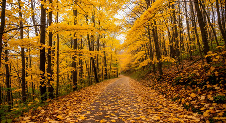 A scenic pathway winds through a dense forest filled with vibrant yellow and orange autumn leaves. The ground is carpeted with fallen foliage, creating a peaceful and colorful seasonal landscape perfect for a walk.の素材